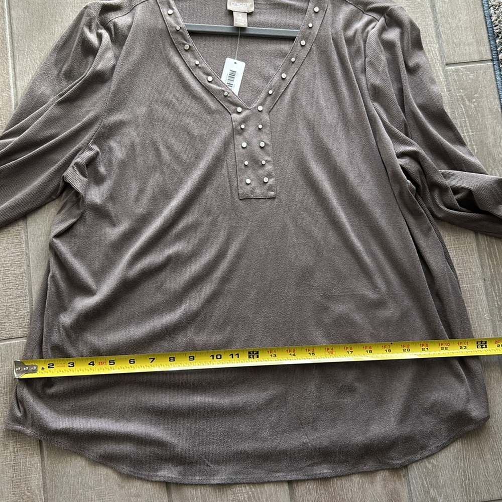 Chico’s size 3 NWT embellished faux suede long sleeve shirt. Hearthstone Taupe. - Picture 8 of 9